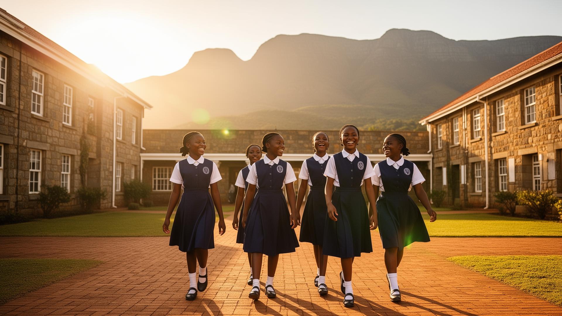 St Theresa's High School students walking across the campus courtyard at sunset