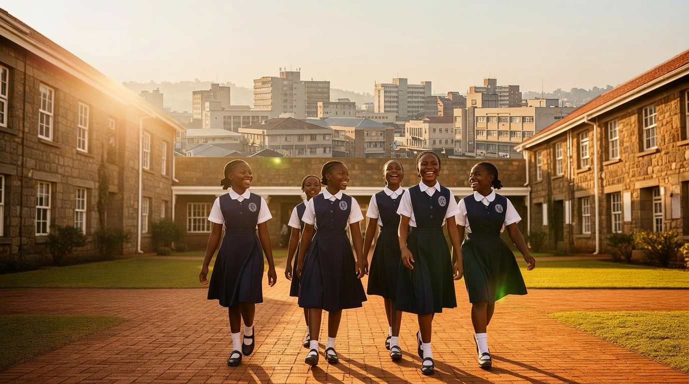 St Theresa's High School students walking across the campus courtyard at sunset